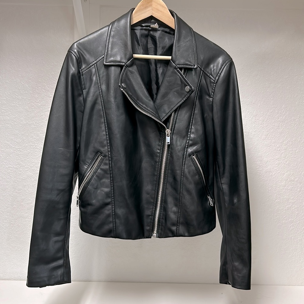 H&M Black Faux Leather Moto Biker Jacket Size 12
